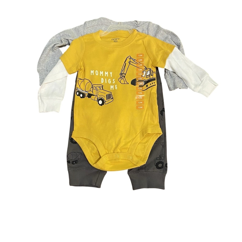 Carter's NWT 12 Month Boys 3 Piece Set Construction Yellow Cute Guy Long Sleeve